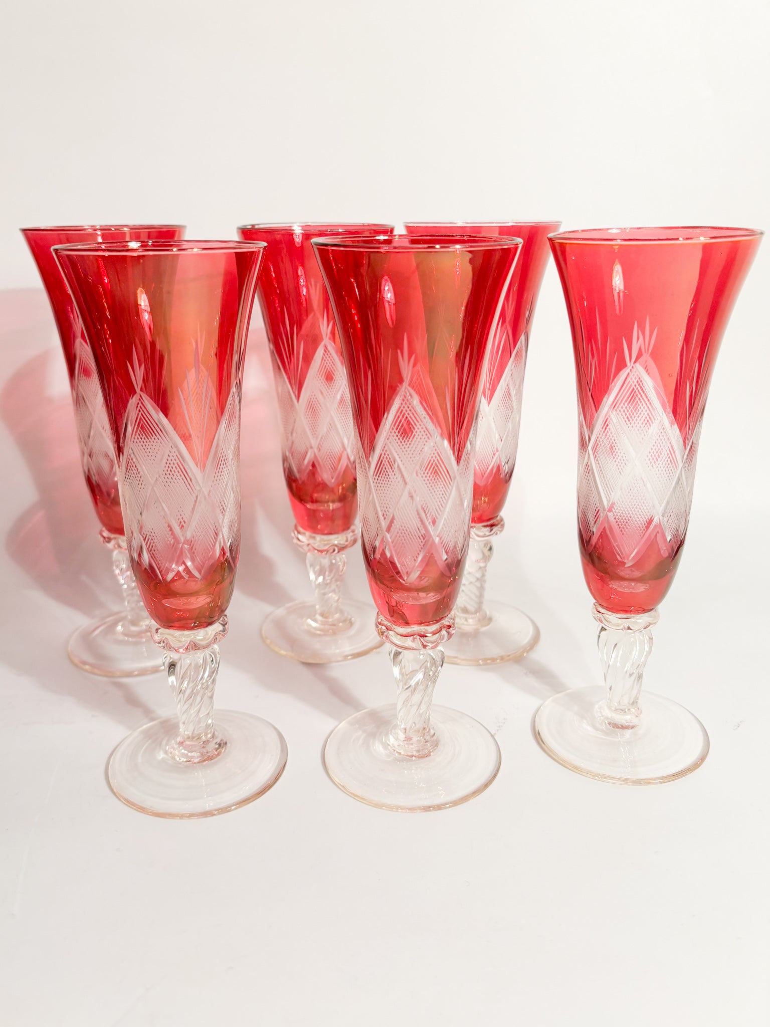Set of 6 Red Bohemian Crystal Flute Glasses from the 70s