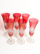 Set of 6 Red Bohemian Crystal Flute Glasses from the 70s