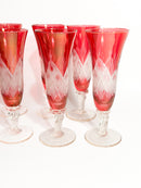Set of 6 Red Bohemian Crystal Flute Glasses from the 70s