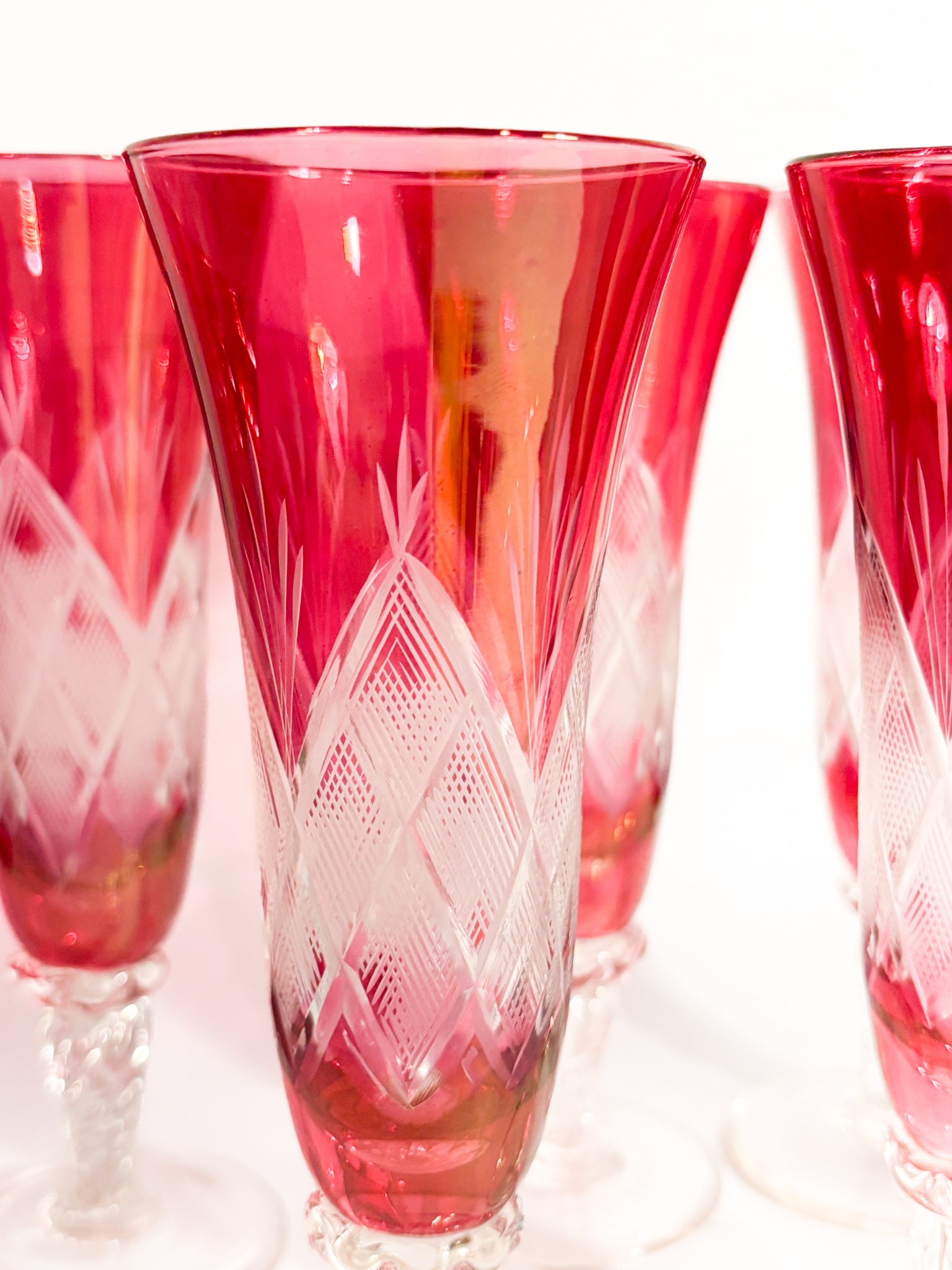 Set of 6 Red Bohemian Crystal Flute Glasses from the 70s
