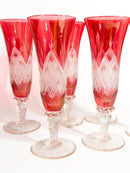 Set of 6 Red Bohemian Crystal Flute Glasses from the 70s