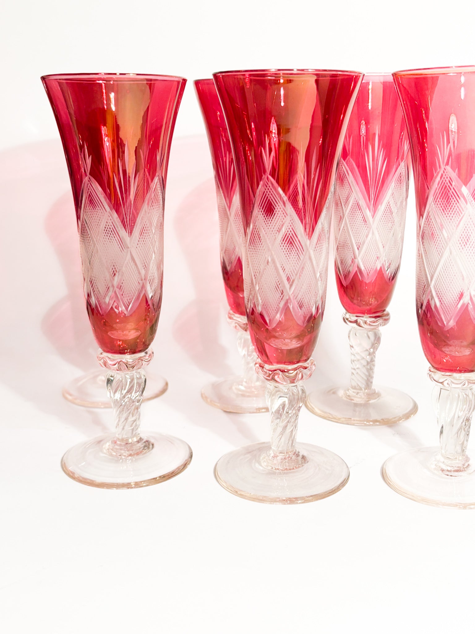 Set of 6 Red Bohemian Crystal Flute Glasses from the 70s