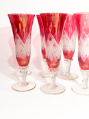 Set of 6 Red Bohemian Crystal Flute Glasses from the 70s