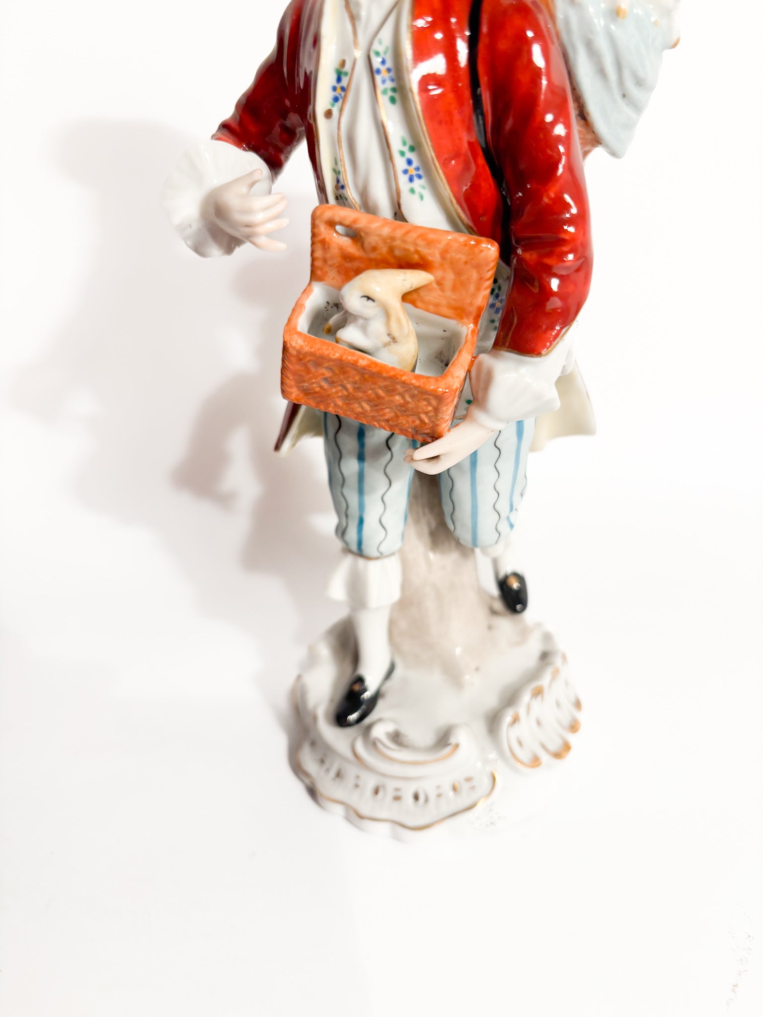 Polychrome Porcelain Figurine Sitzendorf of Rabbit Seller from the 1800s