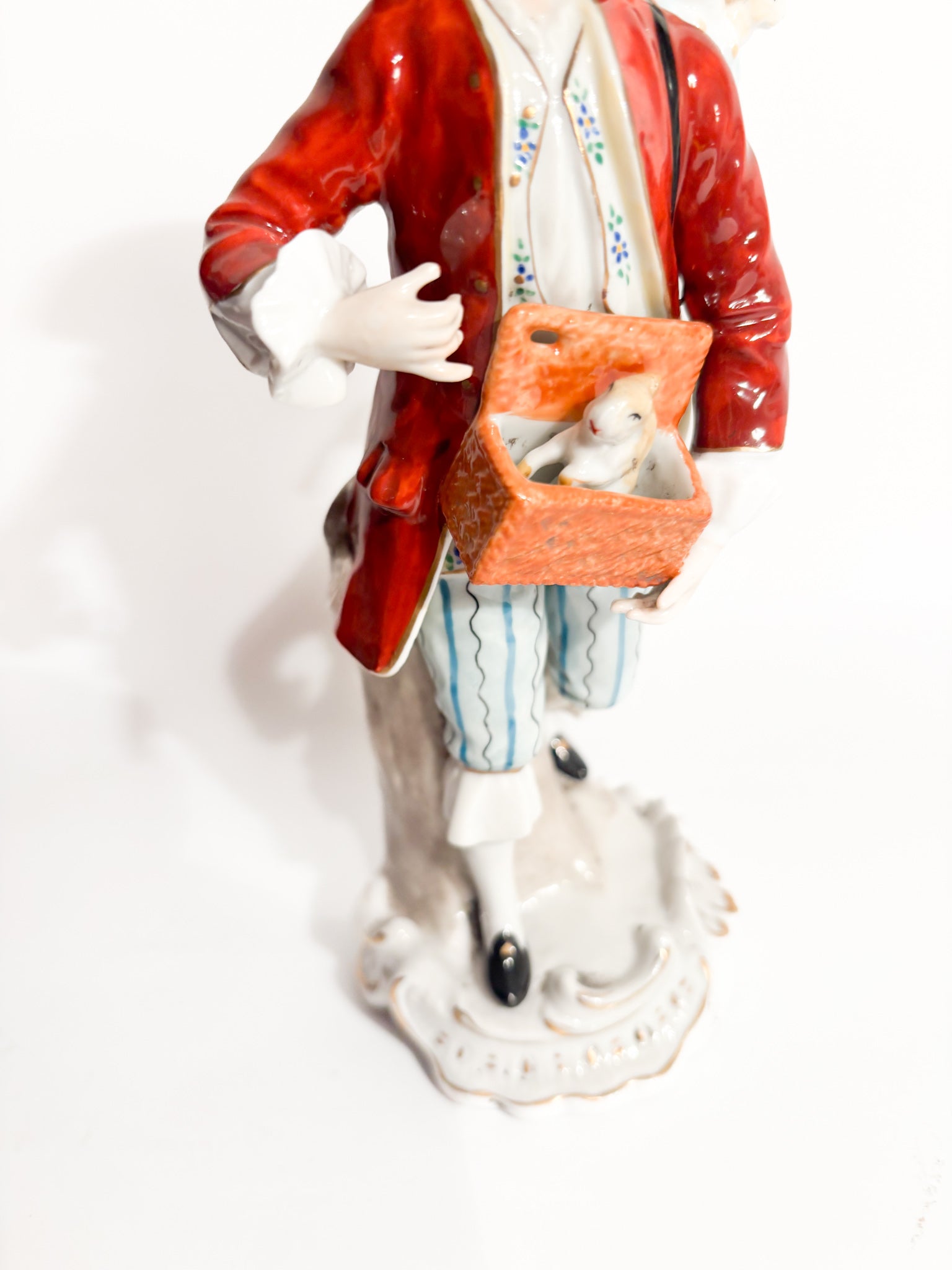 Polychrome Porcelain Figurine Sitzendorf of Rabbit Seller from the 1800s