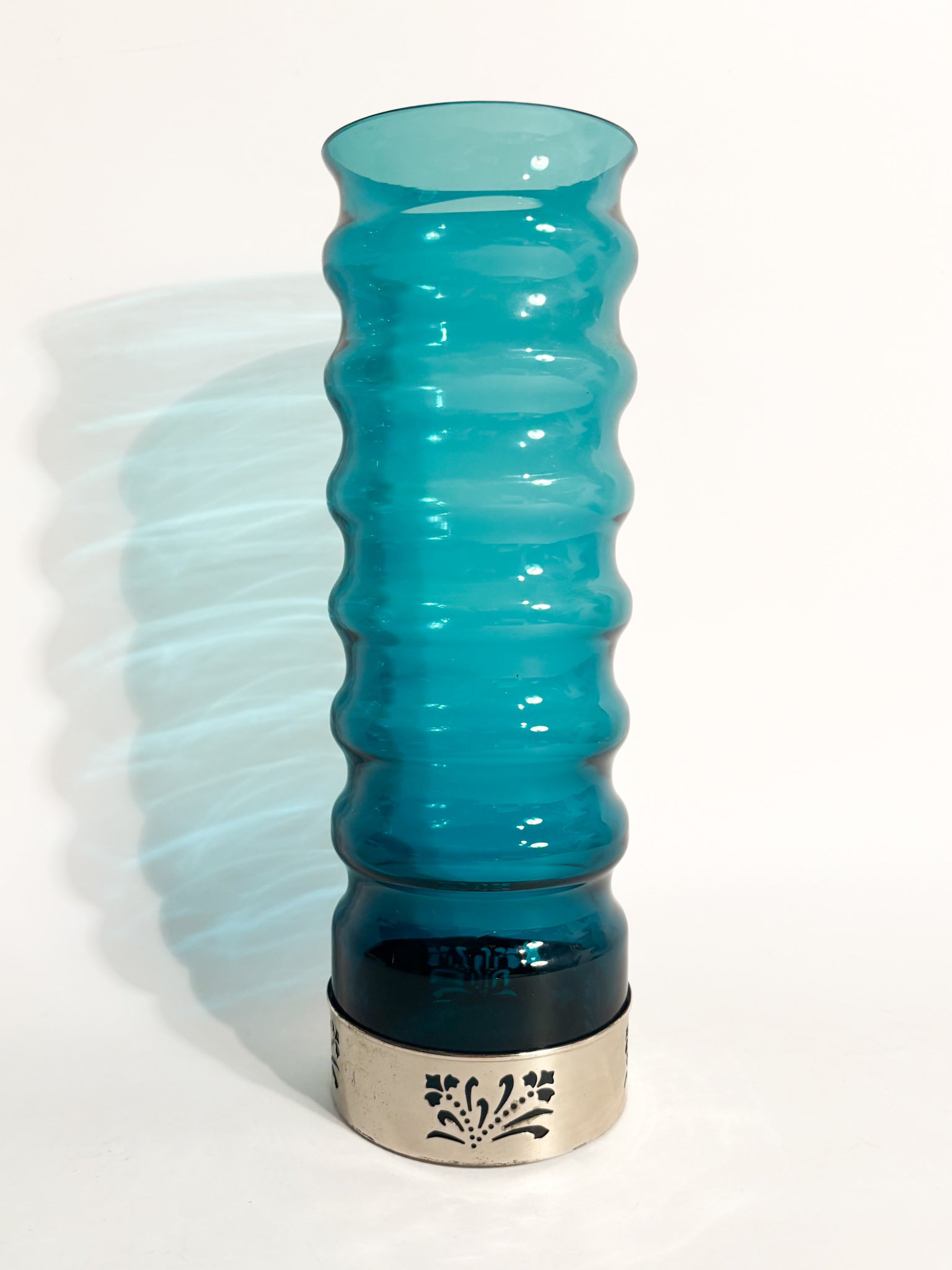 Vaso Cilindrico in Vetro Azzurro e Metallo Argentato Anni 70