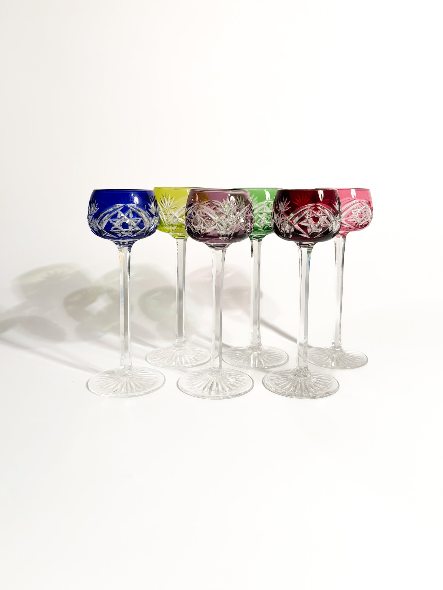 Set of Six Multicolored French Crystal Glasses from the 1950s