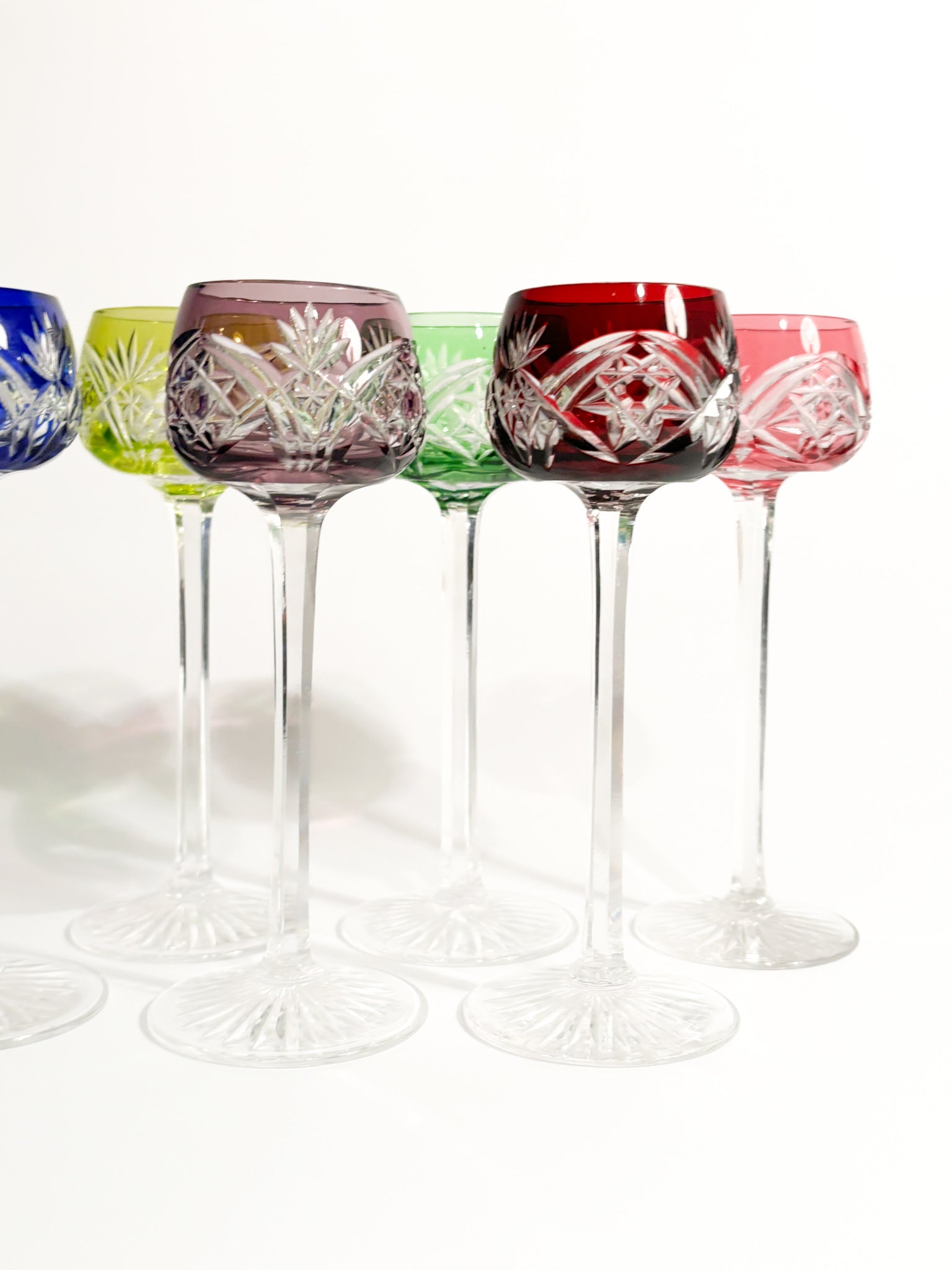 Set of Six Multicolored French Crystal Glasses from the 1950s