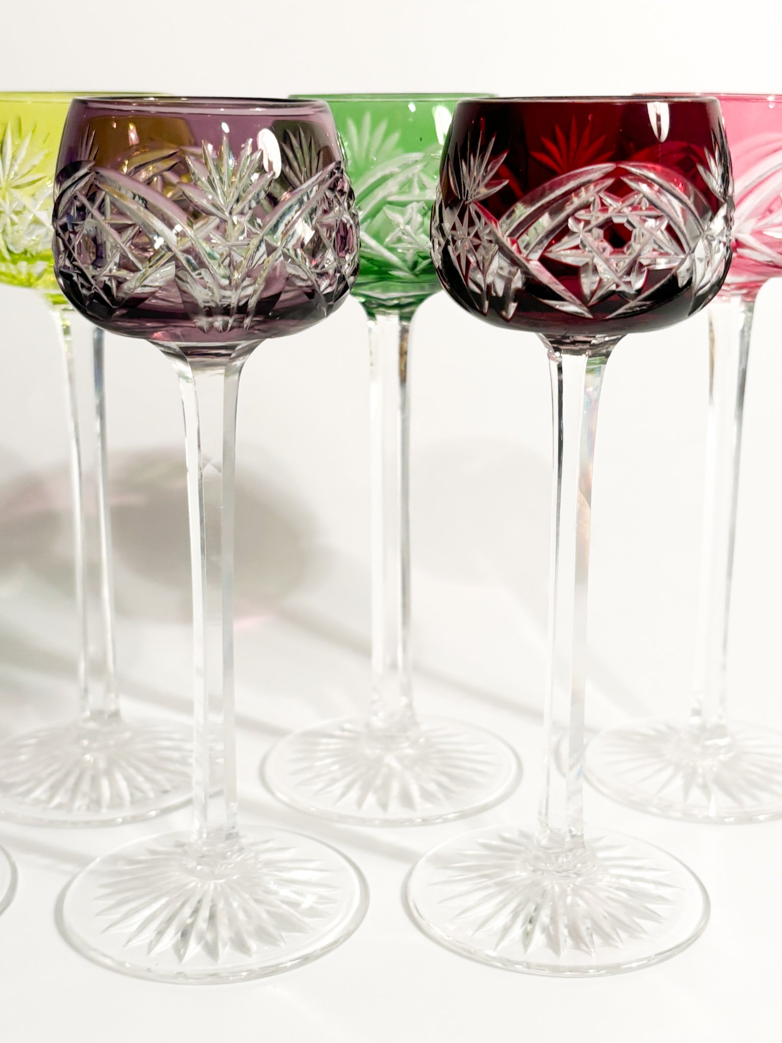 Set of Six Multicolored French Crystal Glasses from the 1950s