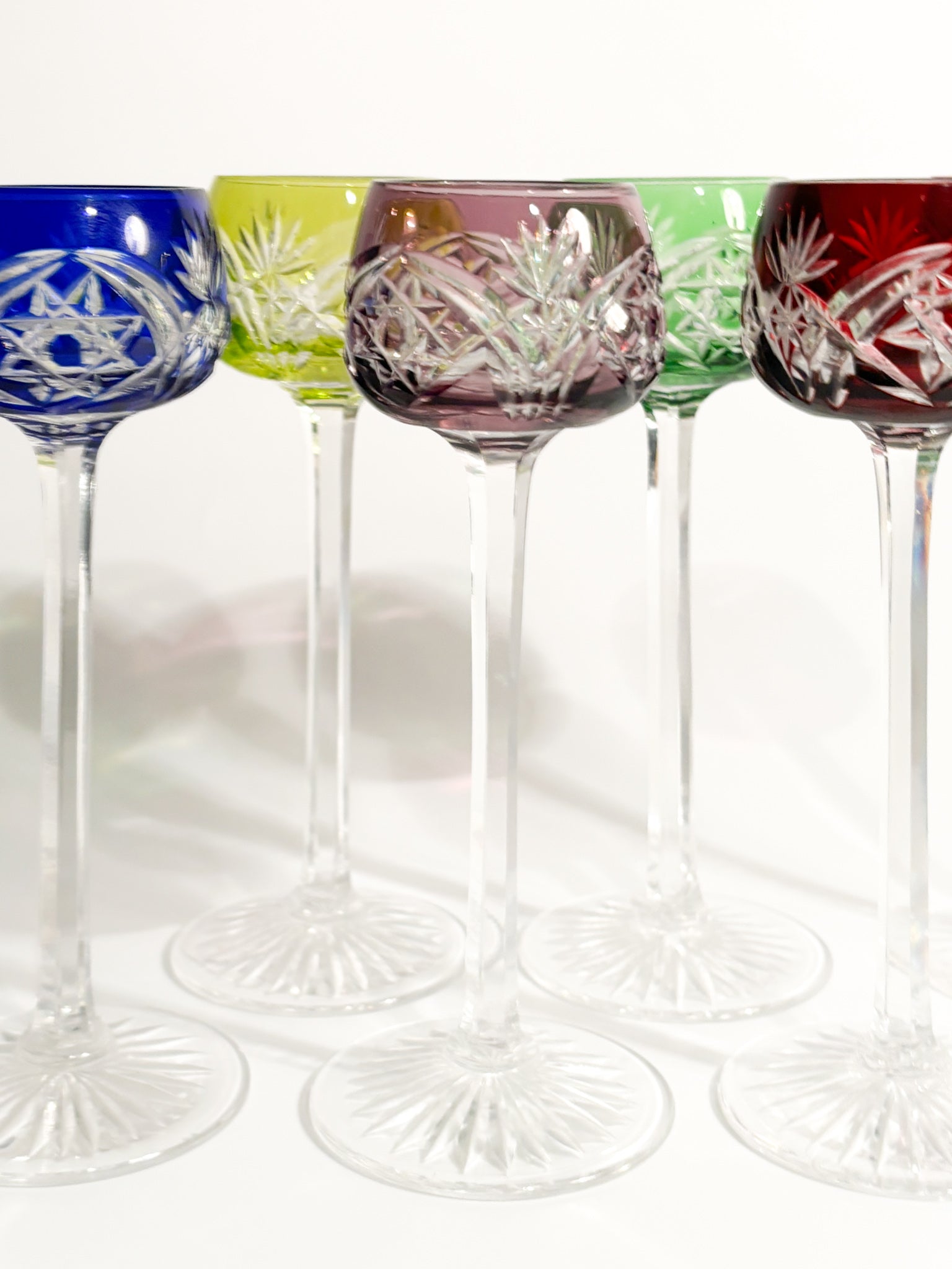 Set of Six Multicolored French Crystal Glasses from the 1950s