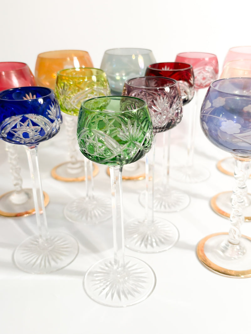 Set of Six Multicolored French Crystal Glasses from the 1950s