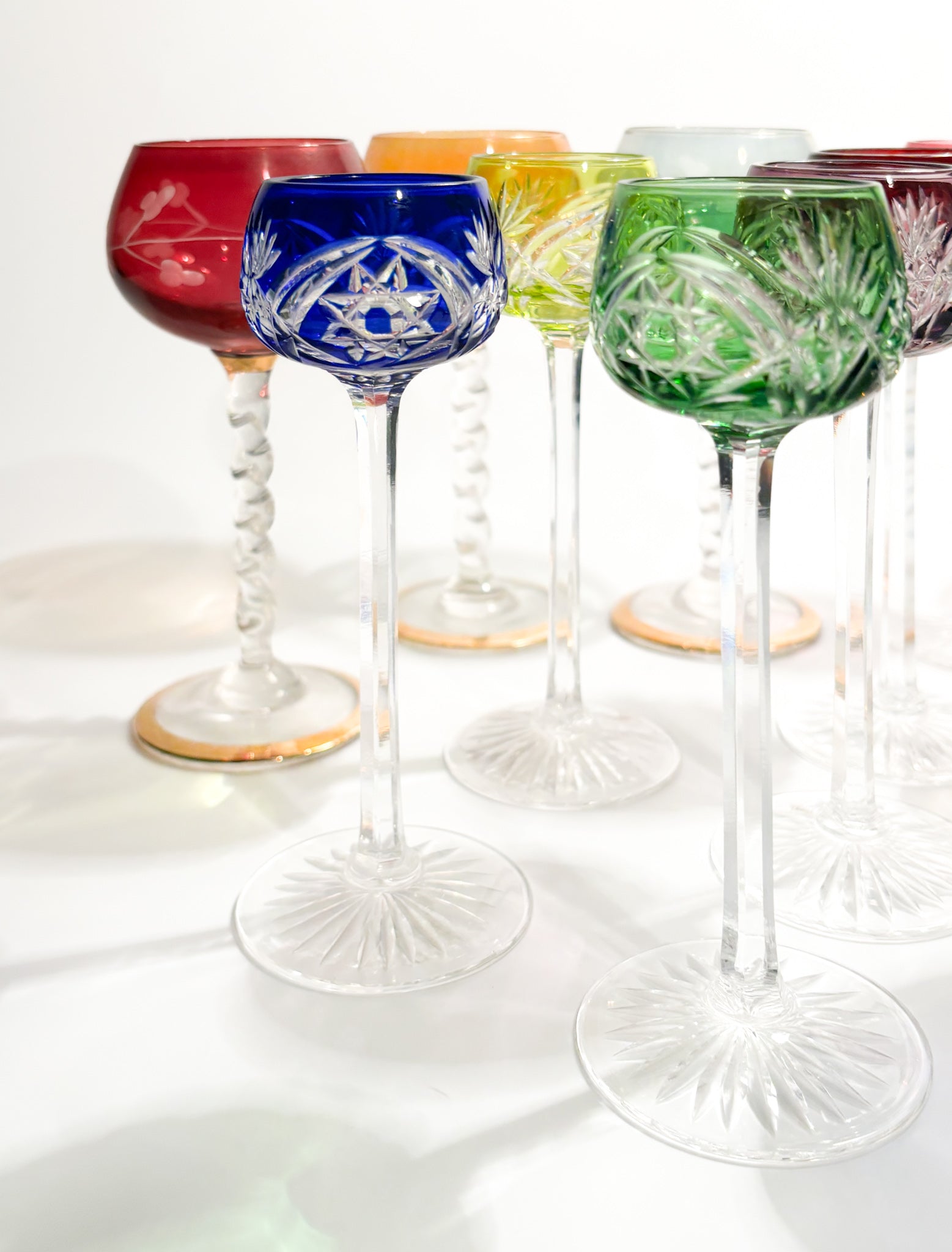 Set of Six Multicolored French Crystal Glasses from the 1950s