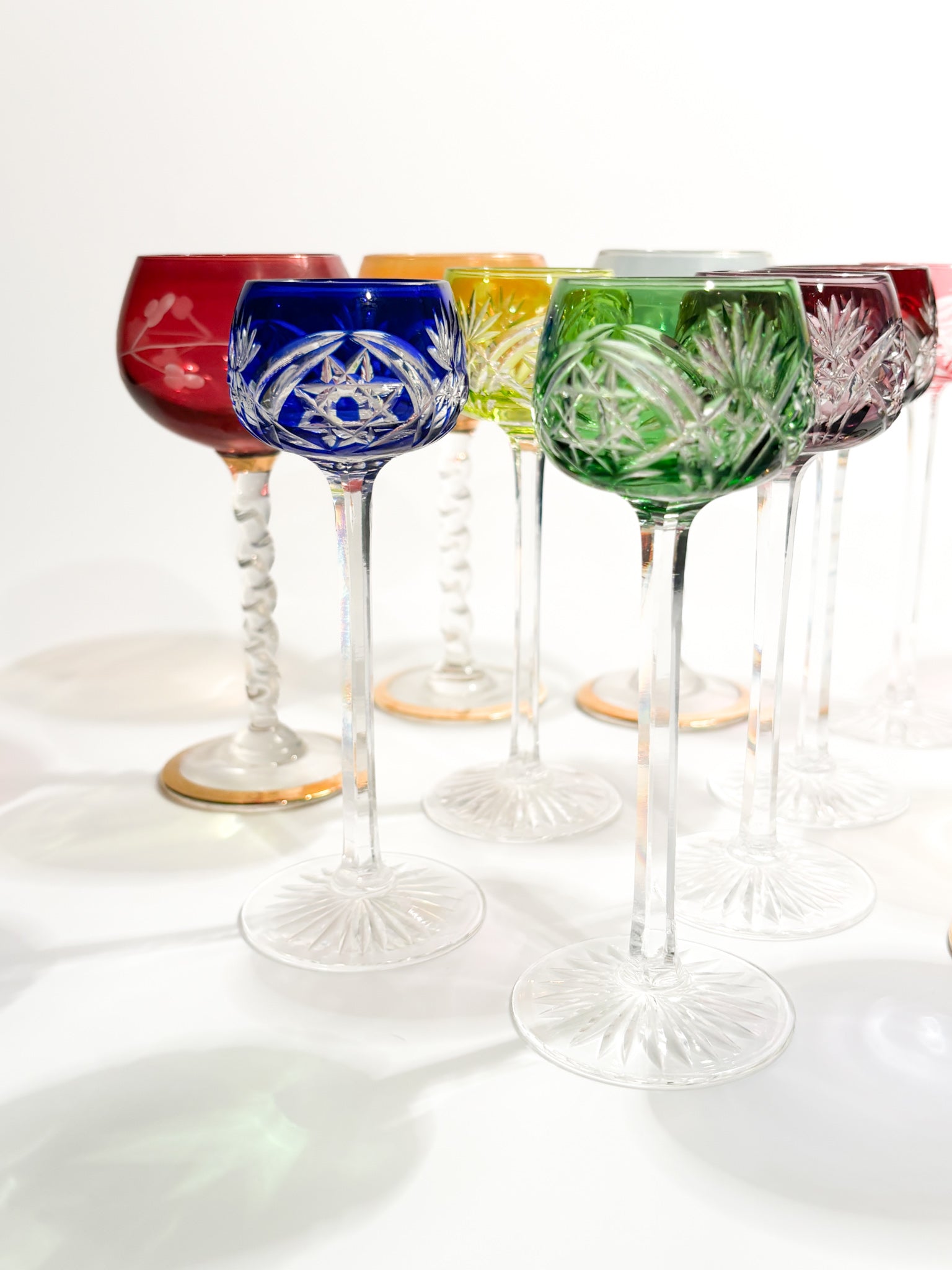 Set of Six Multicolored French Crystal Glasses from the 1950s