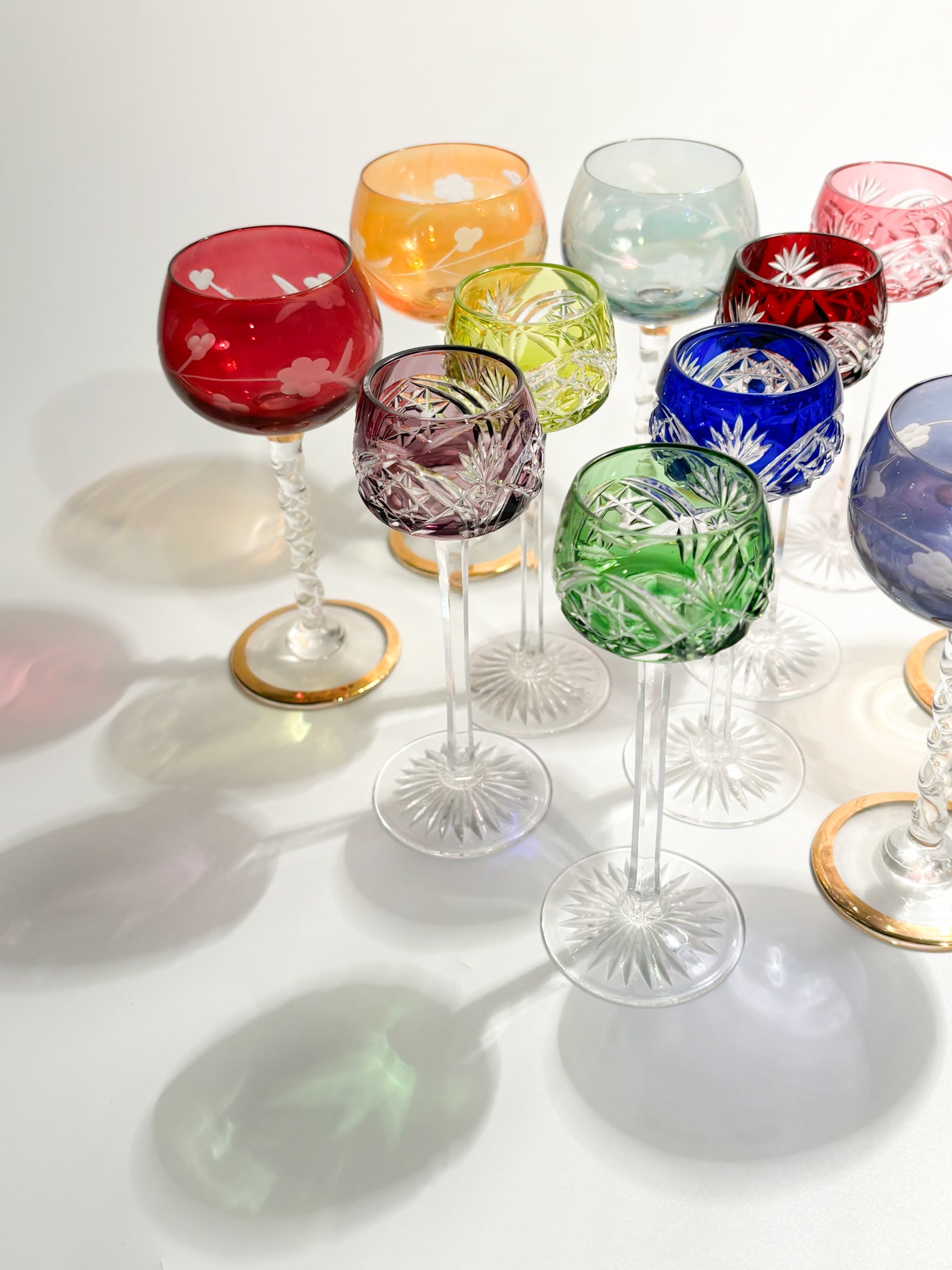 Set of Six Multicolored French Crystal Glasses from the 1950s