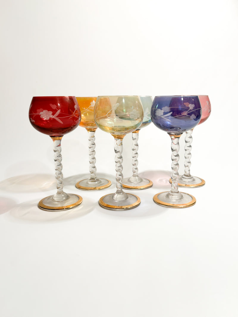 Set da Sei Bicchieri in Vetro di Murano Multicolore Decorati ad Acido Anni 50