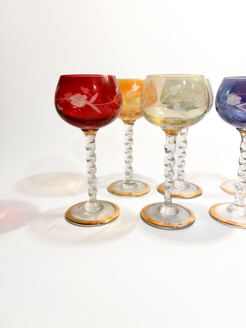 Set da Sei Bicchieri in Vetro di Murano Multicolore Decorati ad Acido Anni 50