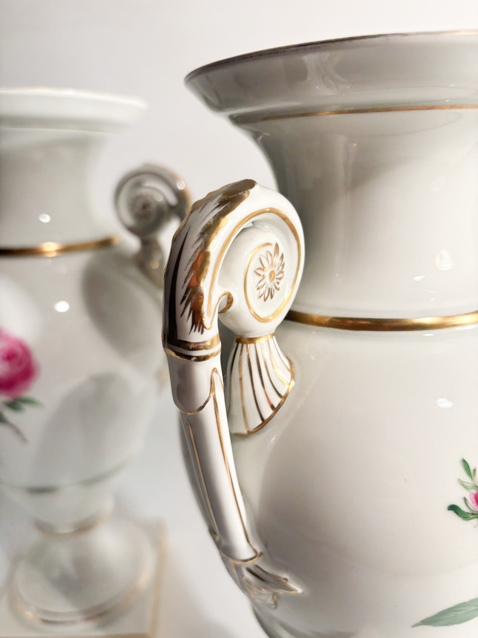 Pair of Amphora Vases in Meissen Porcelain Red Rose Early 1900s