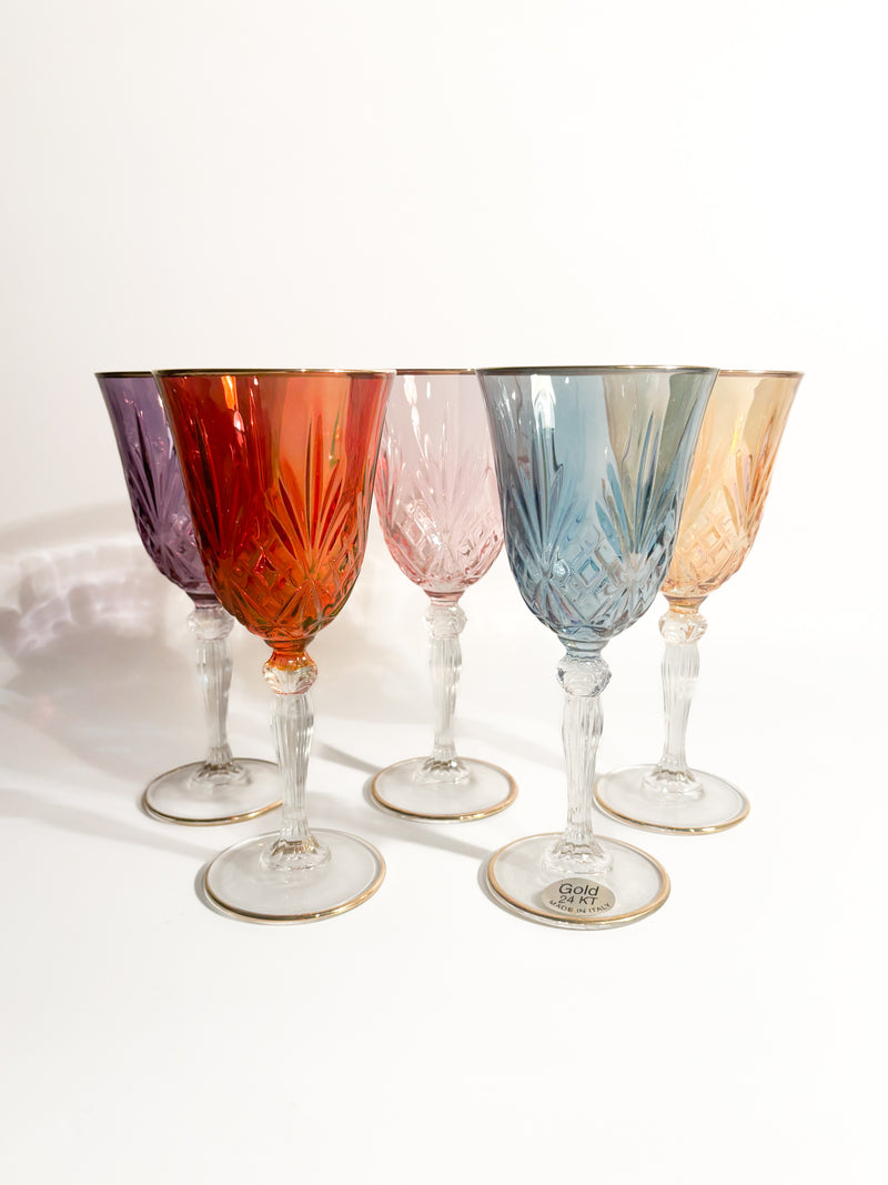 Set of Five Glasses in Murano Glass and Pure Gold from the 1980s