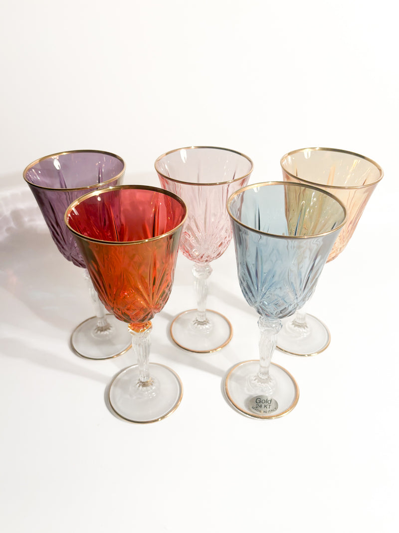 Set of Five Glasses in Murano Glass and Pure Gold from the 1980s