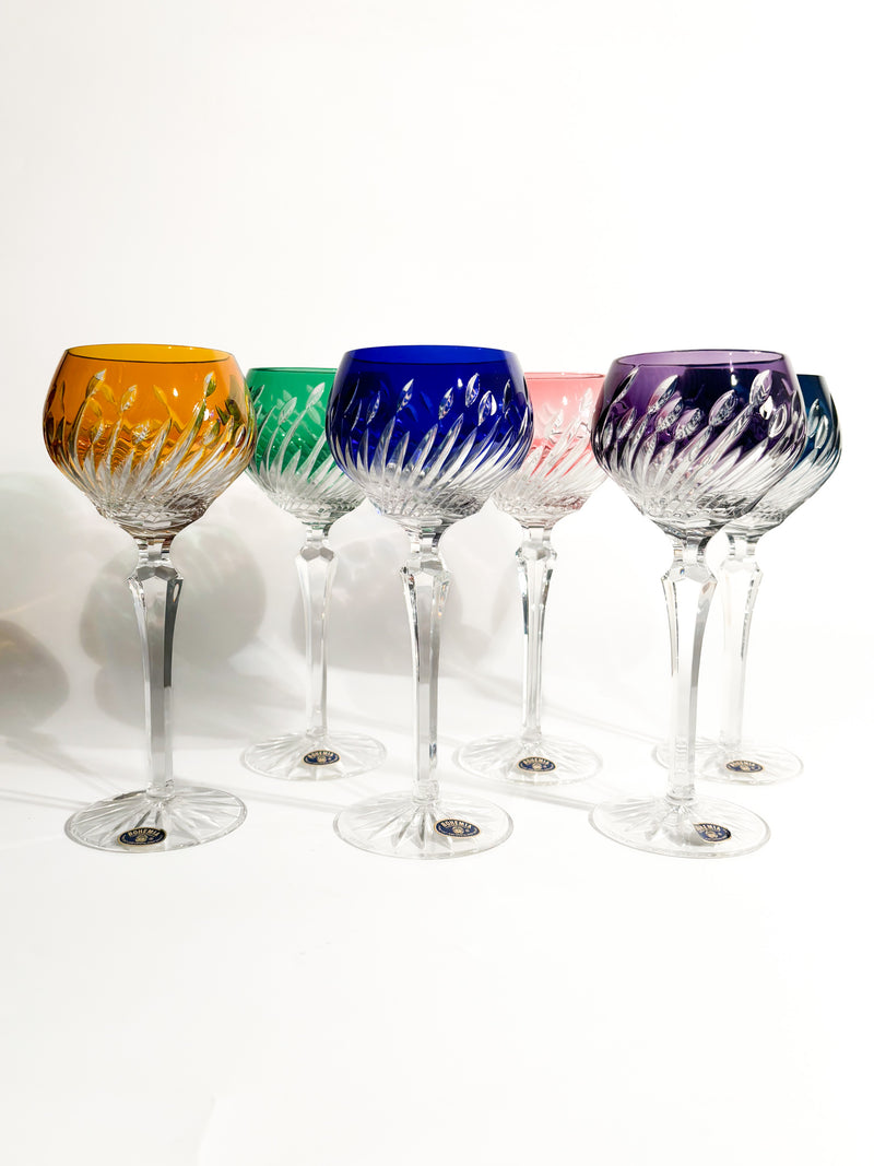 Set of 6 Multicolored Bohemian Crystal Glasses from the 1960s