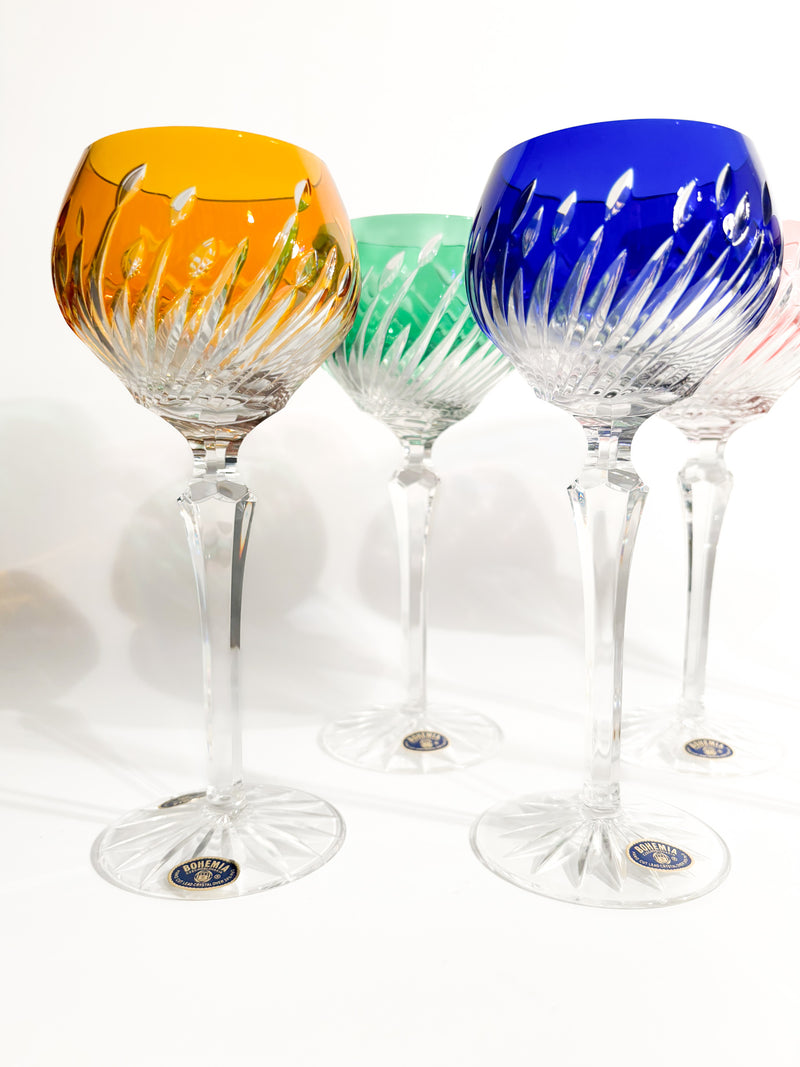 Set of 6 Multicolored Bohemian Crystal Glasses from the 1960s