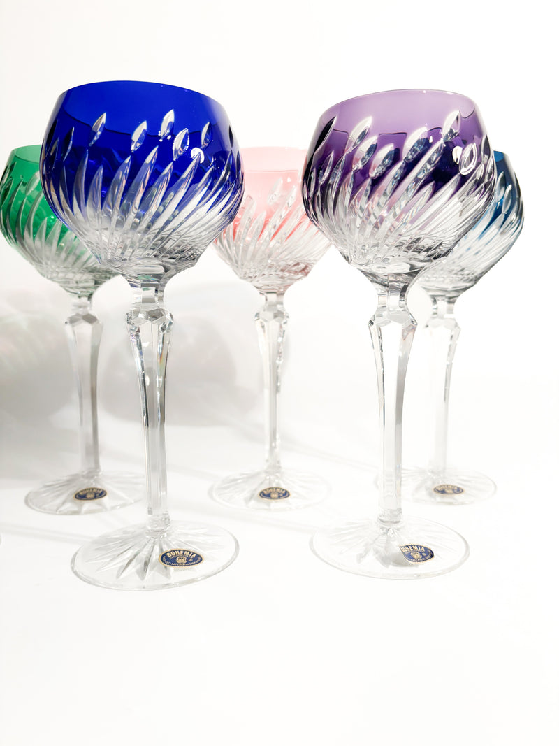 Set of 6 Multicolored Bohemian Crystal Glasses from the 1960s