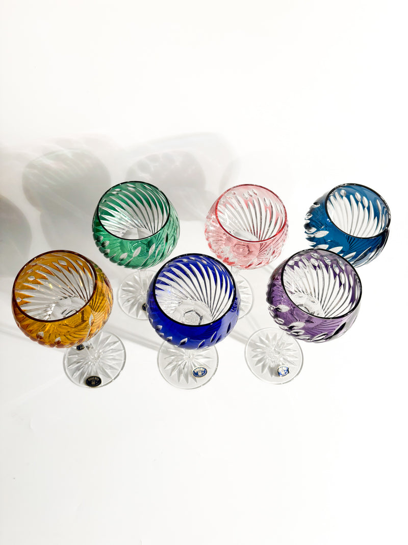 Set of 6 Multicolored Bohemian Crystal Glasses from the 1960s