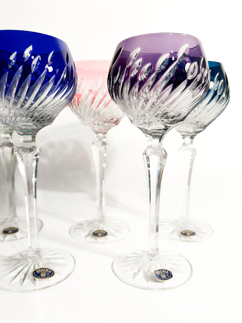 Set of 6 Multicolored Bohemian Crystal Glasses from the 1960s