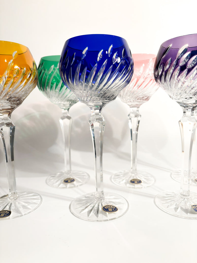 Set of 6 Multicolored Bohemian Crystal Glasses from the 1960s