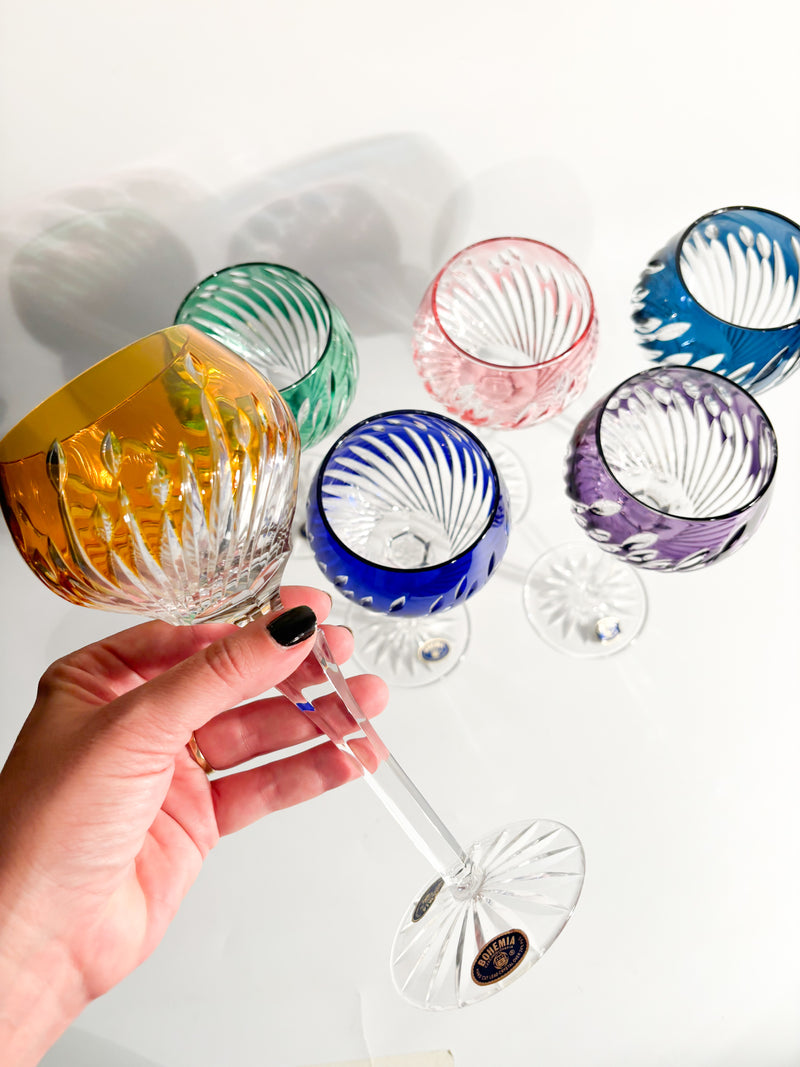 Set of 6 Multicolored Bohemian Crystal Glasses from the 1960s