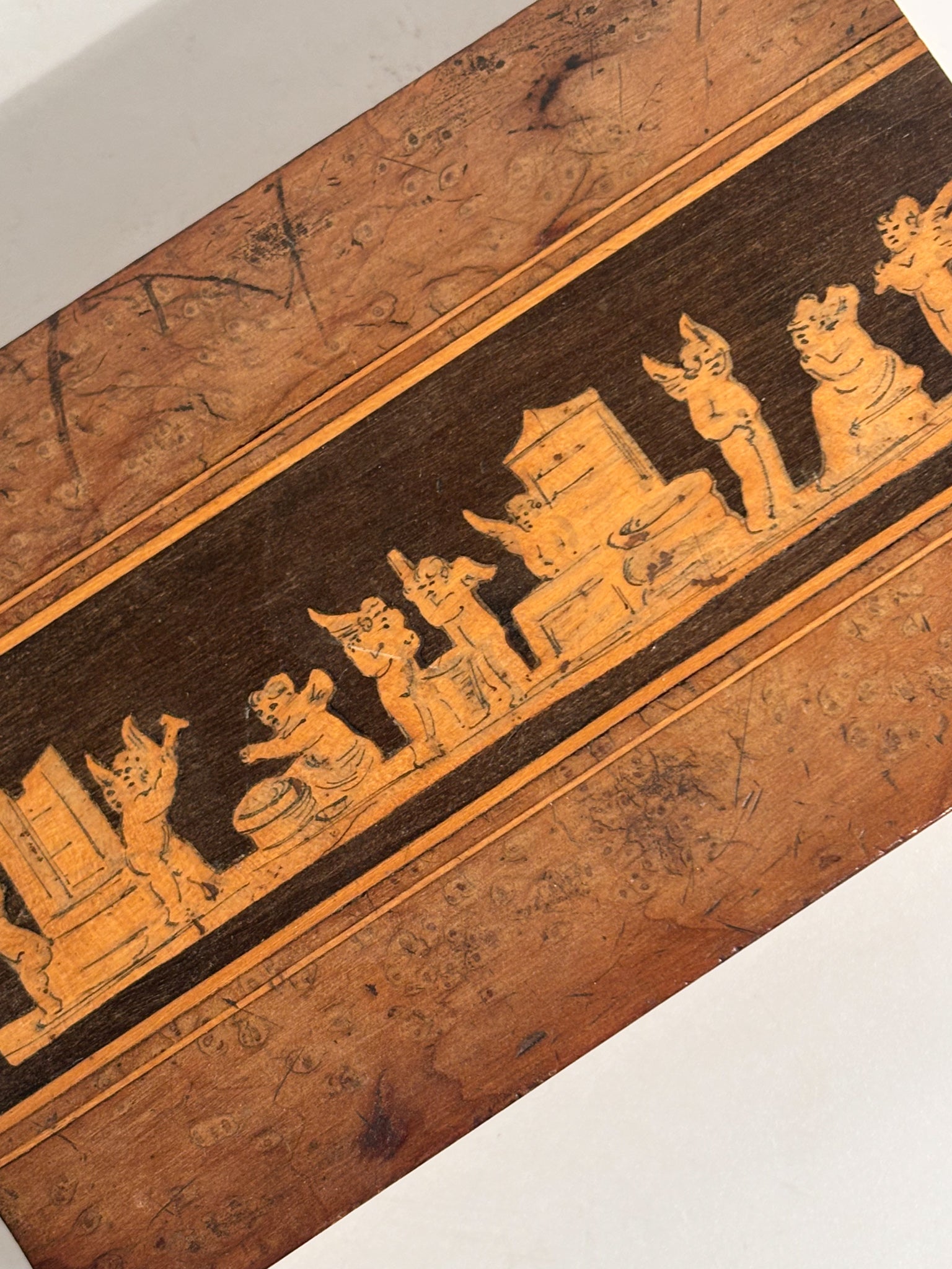 Wooden Box with Carved Figures Sorrento Manufacture 1950s