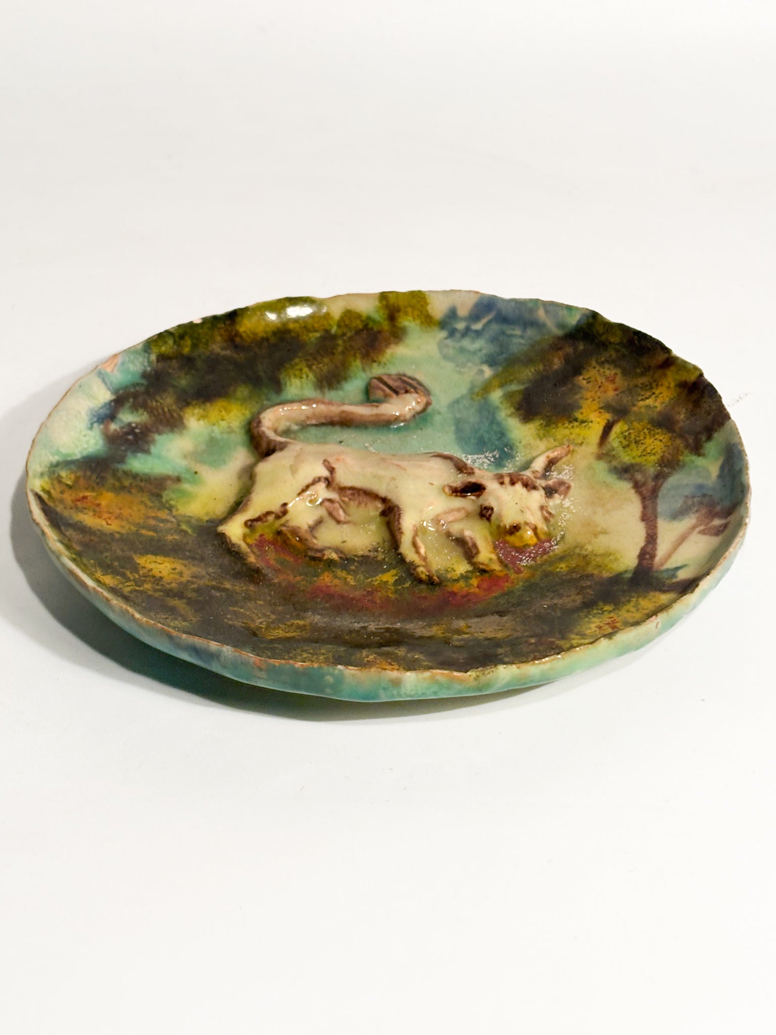 Ceramic Plate Worked in Relief and Hand-Painted Faenza School 20th Century