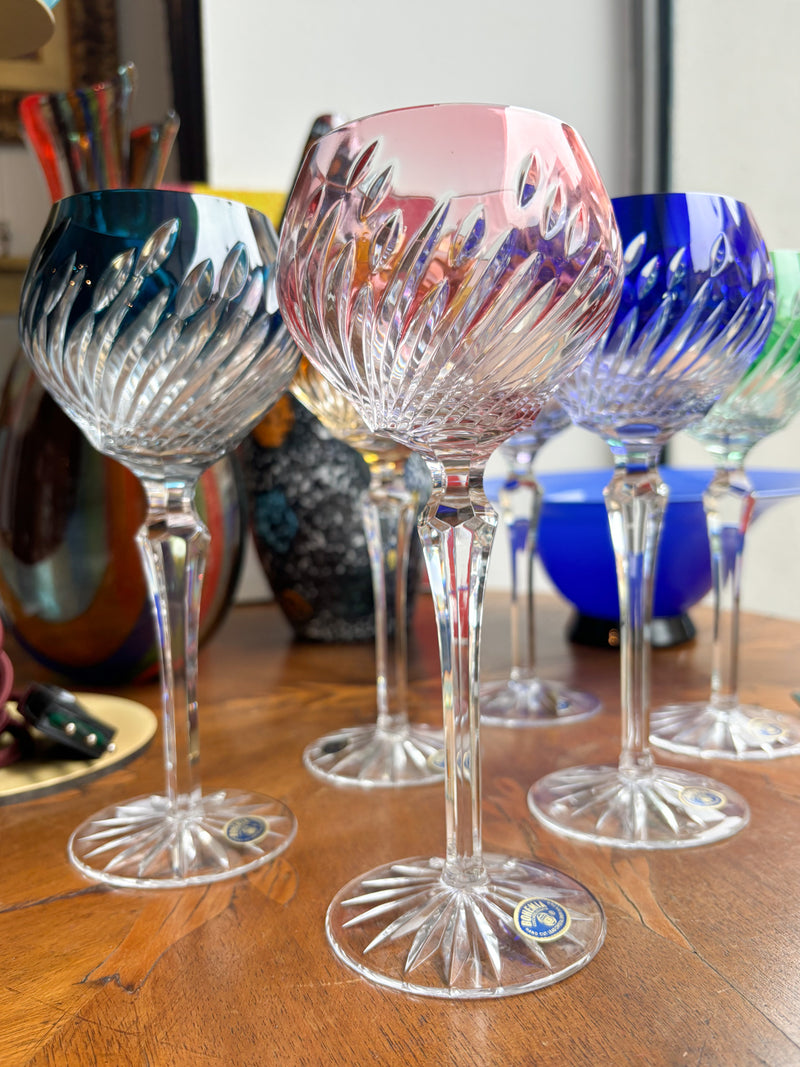 Set of 6 Multicolored Bohemian Crystal Glasses from the 1960s