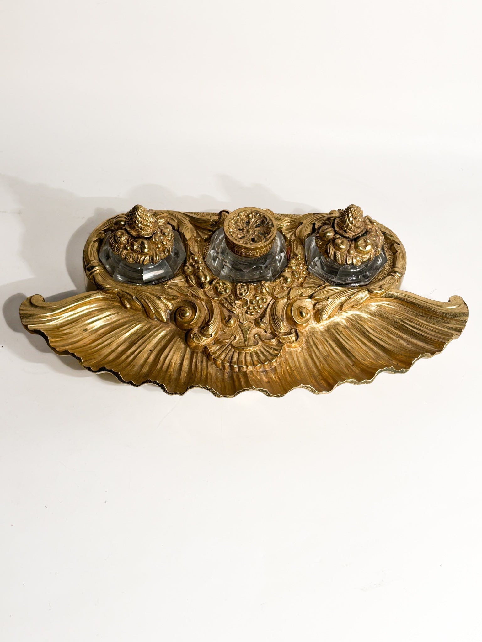 Golden Bronze Inkwell and Crystal Bottles 20th Century