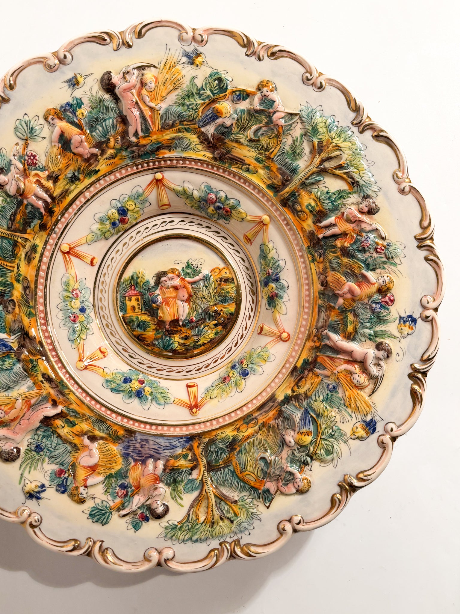 Large Plate in Capodimonte Porcelain Hand-Painted and Worked in Relief 1950s