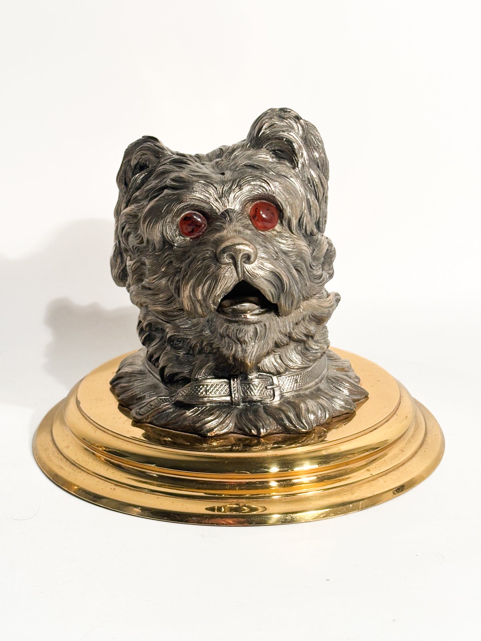 Dog Inkwell in English Metal and Brass Base Early Twentieth Century