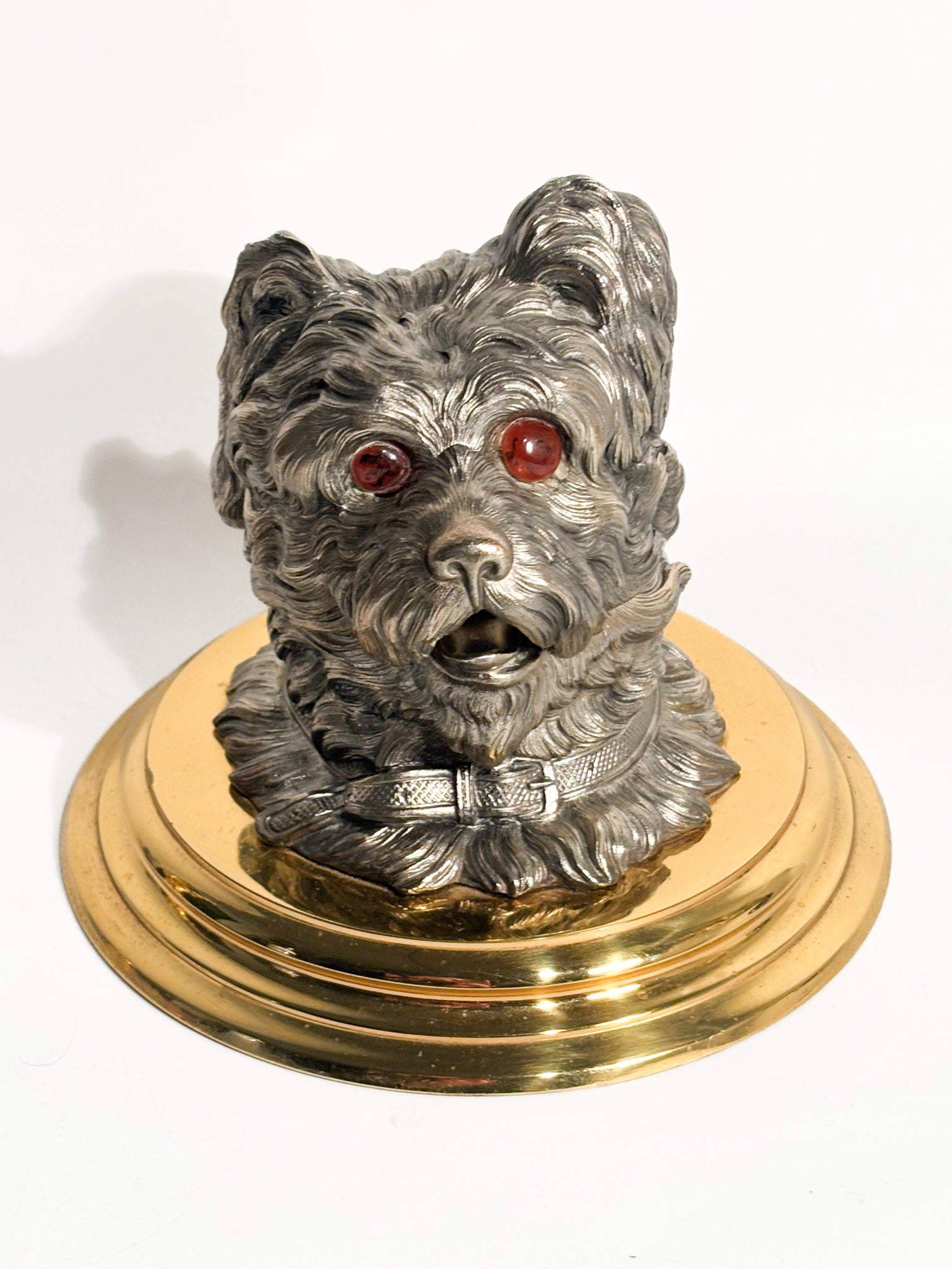 Dog Inkwell in English Metal and Brass Base Early Twentieth Century