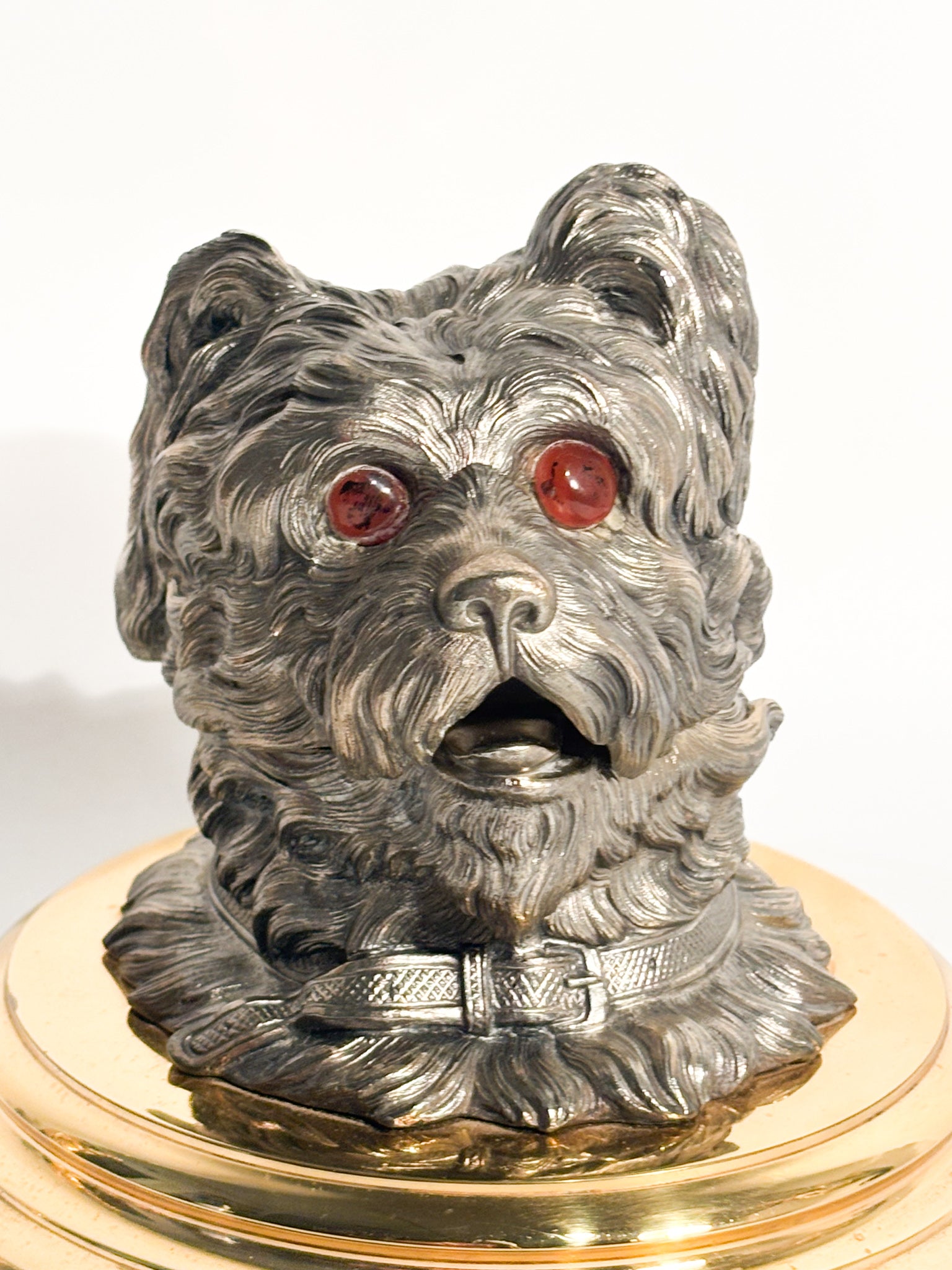 Dog Inkwell in English Metal and Brass Base Early Twentieth Century