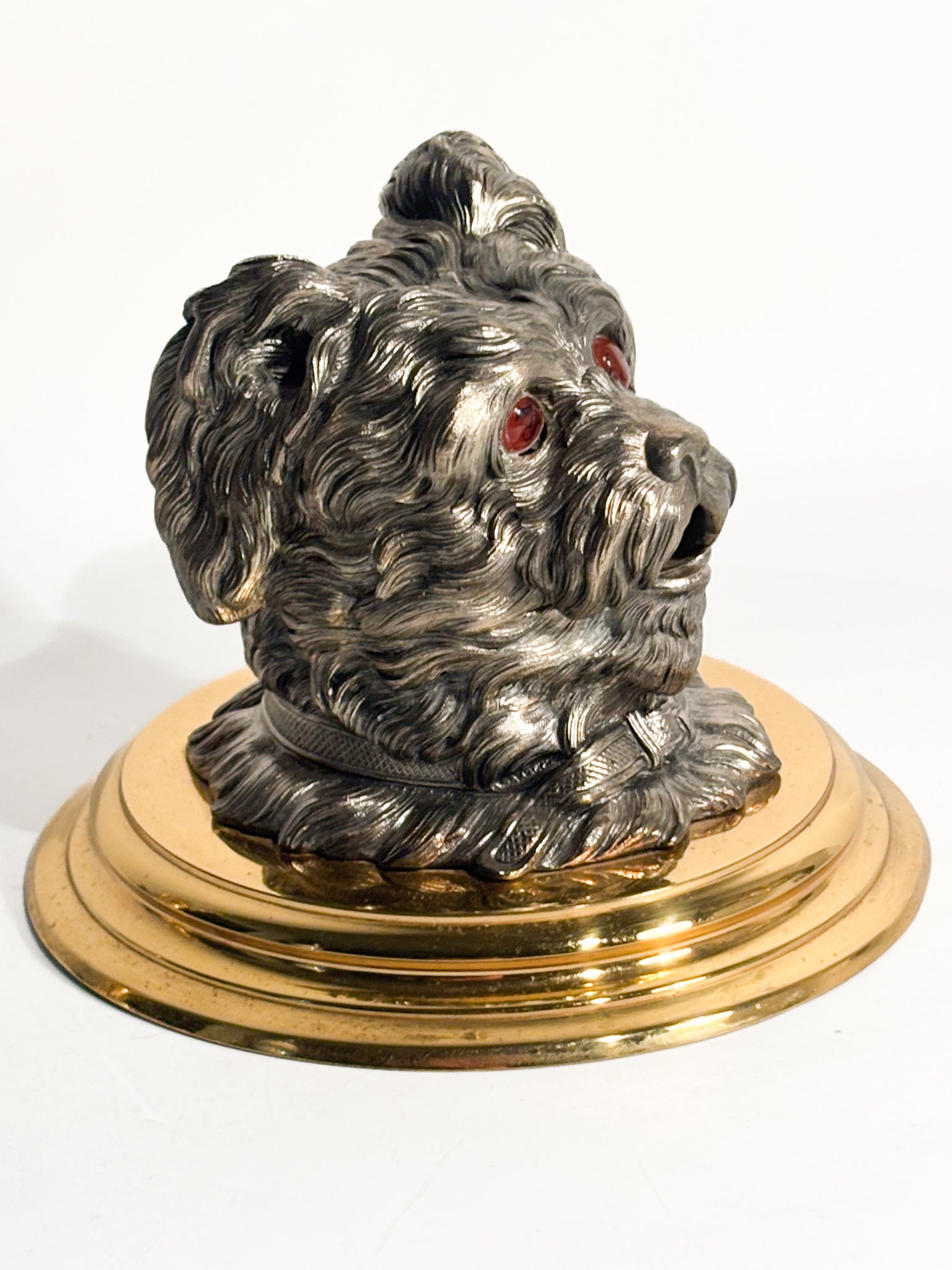 Dog Inkwell in English Metal and Brass Base Early Twentieth Century