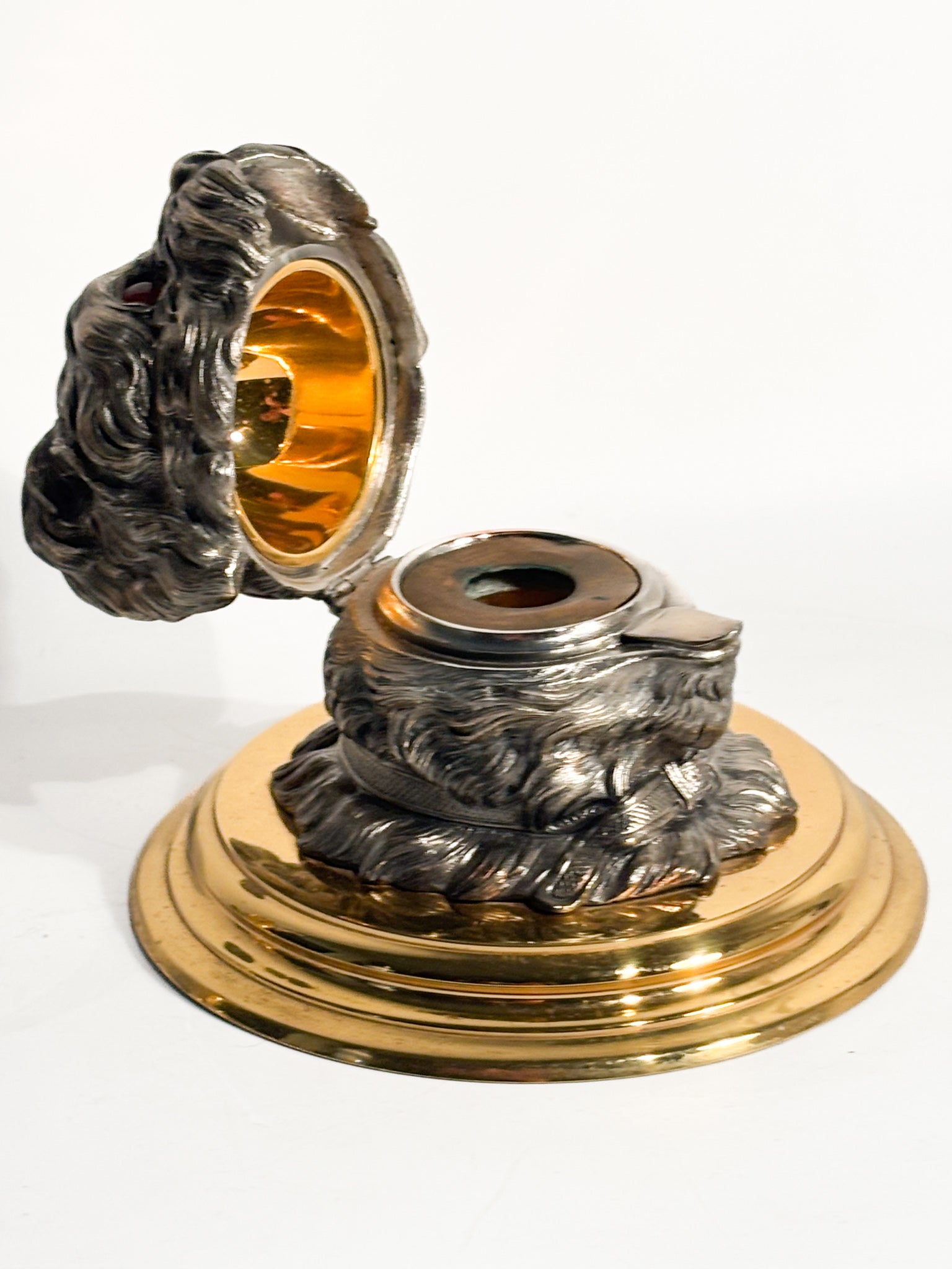 Dog Inkwell in English Metal and Brass Base Early Twentieth Century