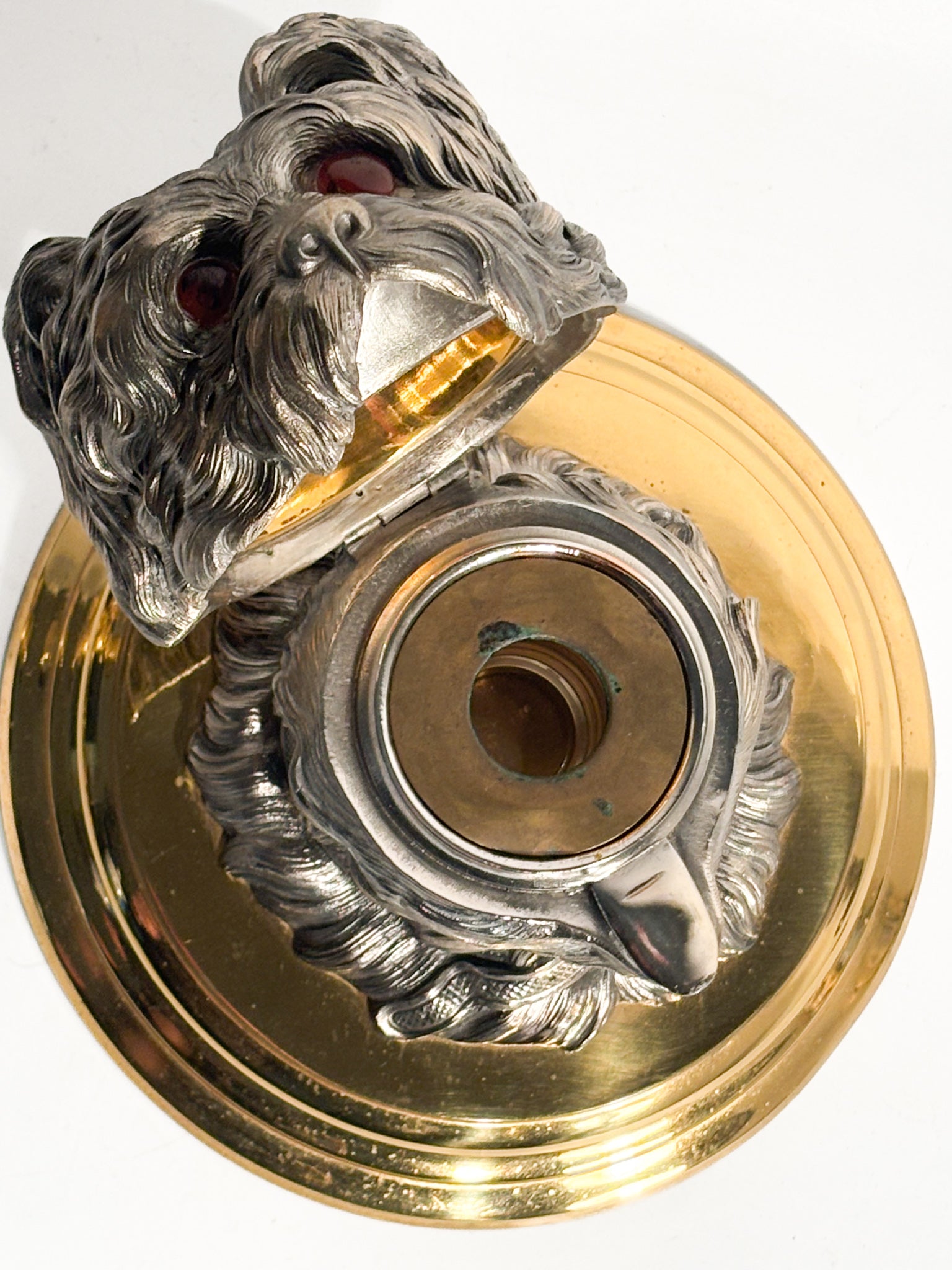 Dog Inkwell in English Metal and Brass Base Early Twentieth Century