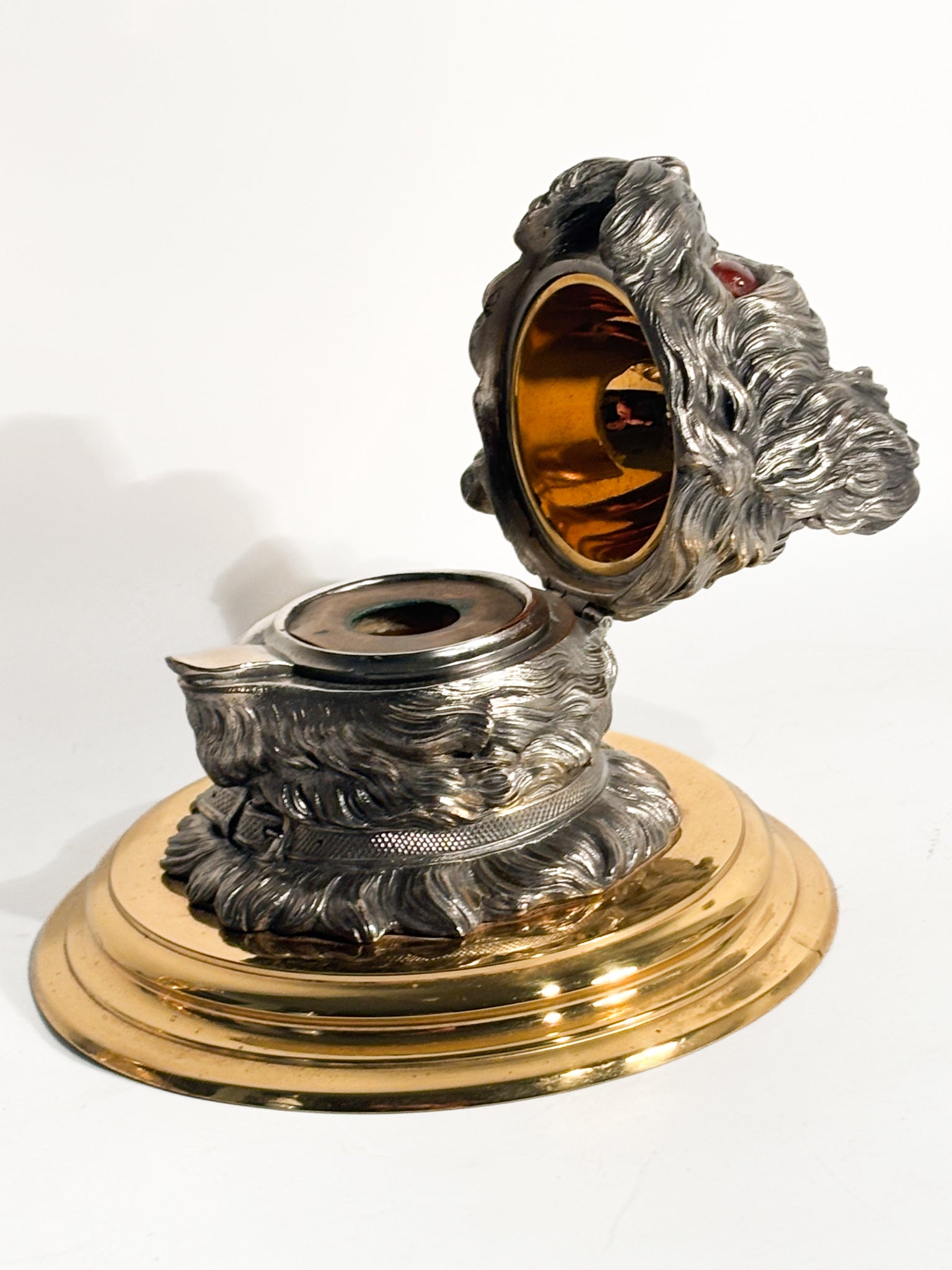 Dog Inkwell in English Metal and Brass Base Early Twentieth Century