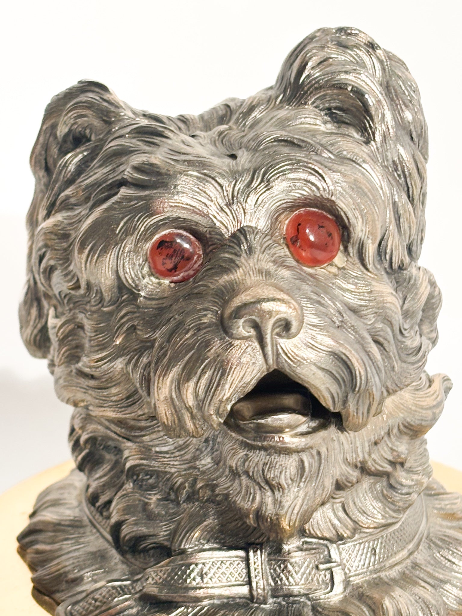 Dog Inkwell in English Metal and Brass Base Early Twentieth Century