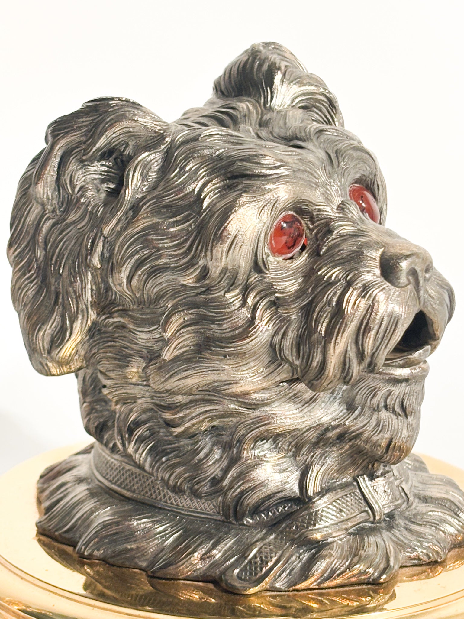 Dog Inkwell in English Metal and Brass Base Early Twentieth Century