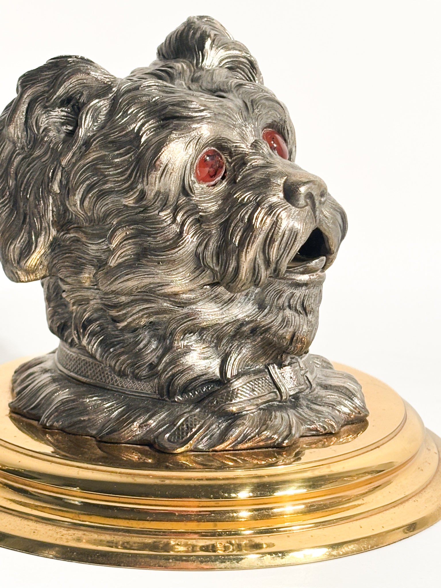Dog Inkwell in English Metal and Brass Base Early Twentieth Century