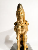 Scultura di Sfinge in Bronzo Dorato Appoggiata su Base in Marmo XX Secolo