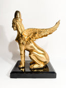 Scultura di Sfinge in Bronzo Dorato Appoggiata su Base in Marmo XX Secolo