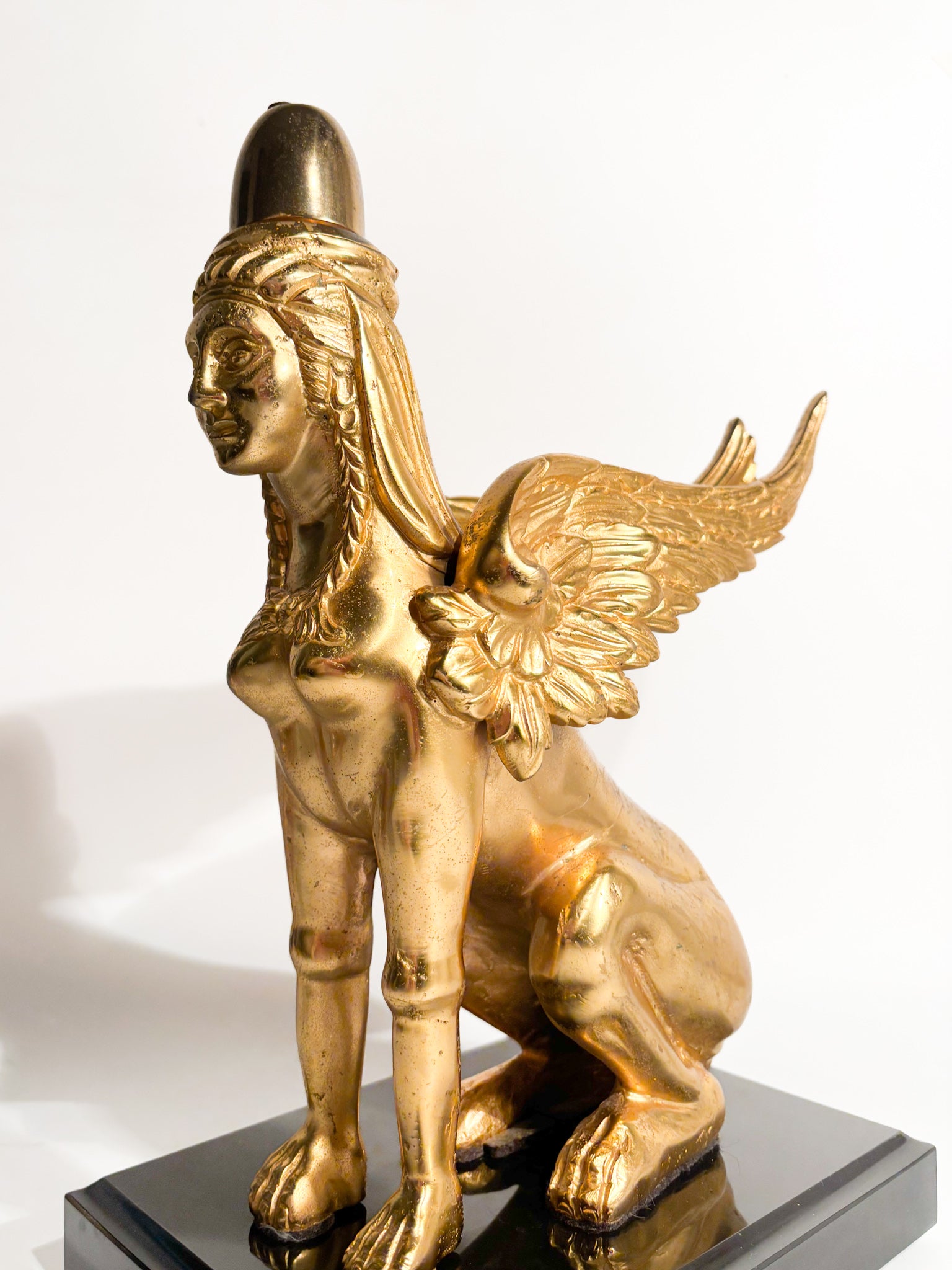 Sphinx Sculpture in Gilded Bronze Resting on Marble Base 20th Century