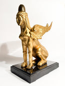Scultura di Sfinge in Bronzo Dorato Appoggiata su Base in Marmo XX Secolo
