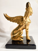 Scultura di Sfinge in Bronzo Dorato Appoggiata su Base in Marmo XX Secolo